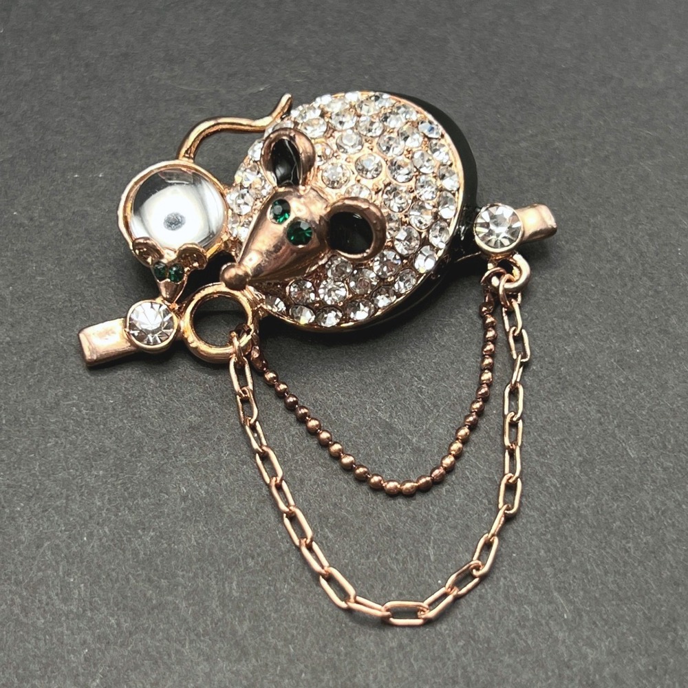 Rhinestone Mouse Brooch Rose Gold Clear Black Enamel Mice Animal Pin